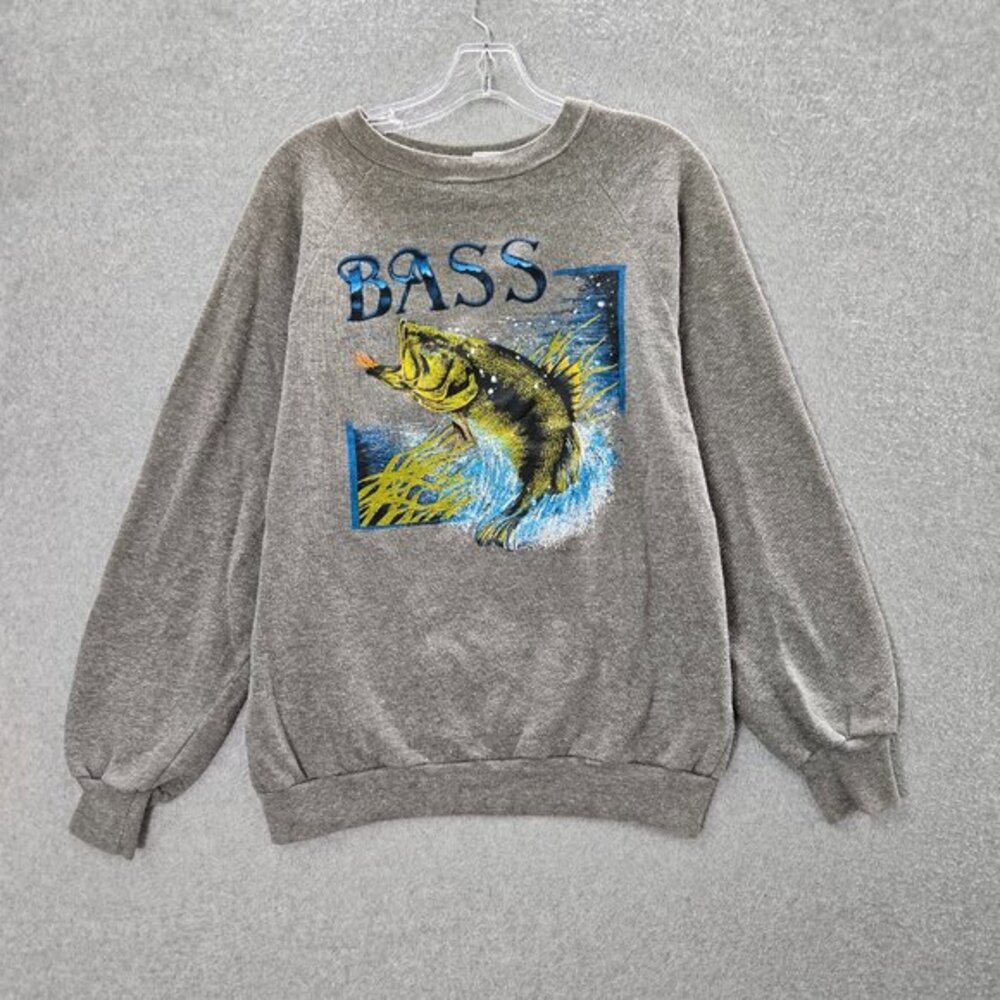 VINTAGE Bass Women Sweatshirts Large Gray Lure Fishing Graphic 90s USA